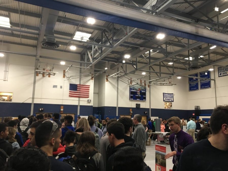 Students fill the gym to find out about local colleges.