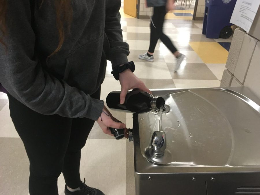 LHS Senior Megan Caless filling her water bottle from a bubbler at LHS