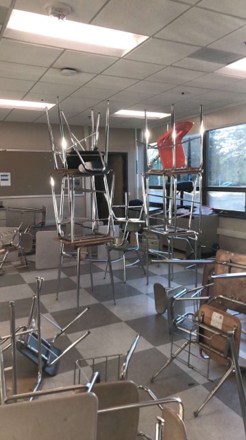 Desks piled on top of one another was just another example of the senior pranks.