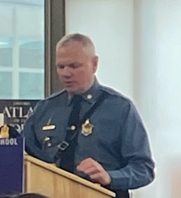 The Mass State Police Superintendent Colonel Mason addresses students at LHS