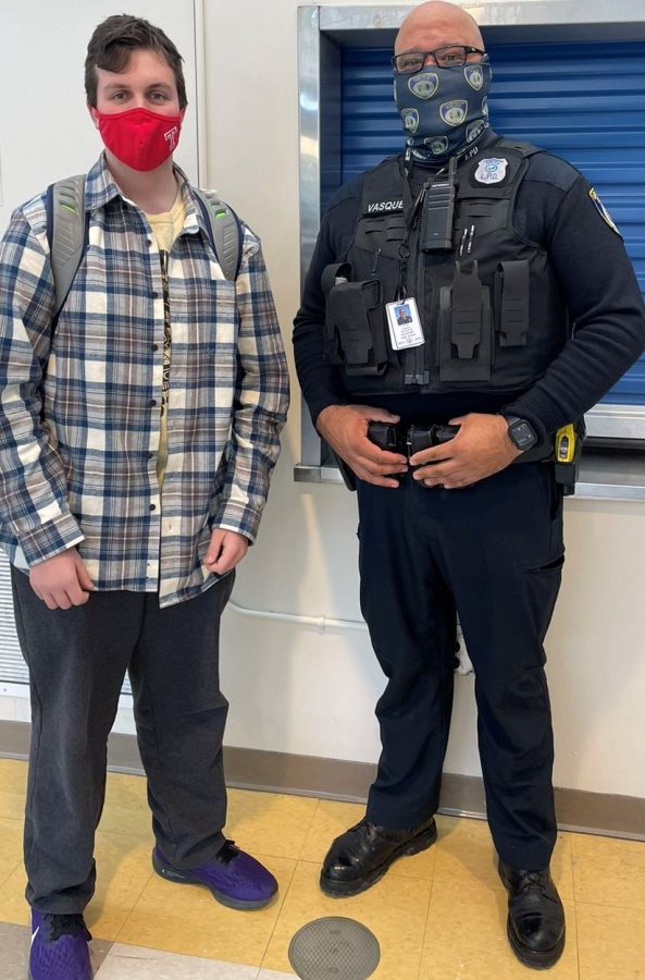 Officer Vasquez talks with Devils Advocate reporter Lucas Gallo during lunch block Thursday to discuss the rise in dangerous street drugs. 