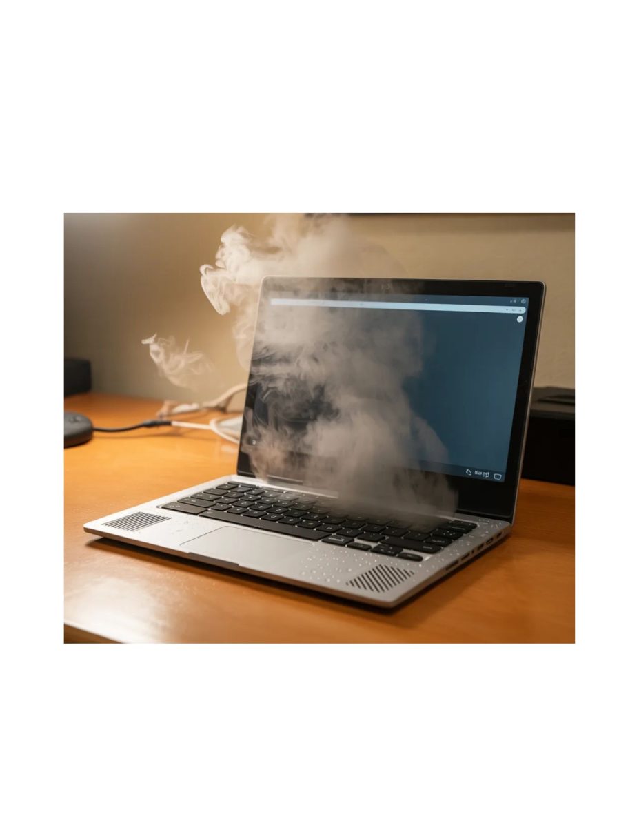 An AI generated image of a chrome book overwhelmed by the demands of the advanced classes in most high schools 
